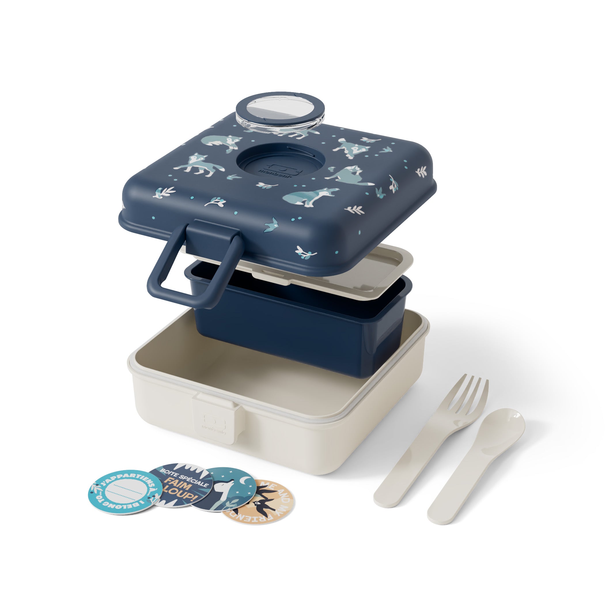 Lunchbox Monbento Snacky Wolf – lekki, szczelny i bez BPA, z uchwytem, małym pojemniczkiem i sztućcami, wzór: wilki