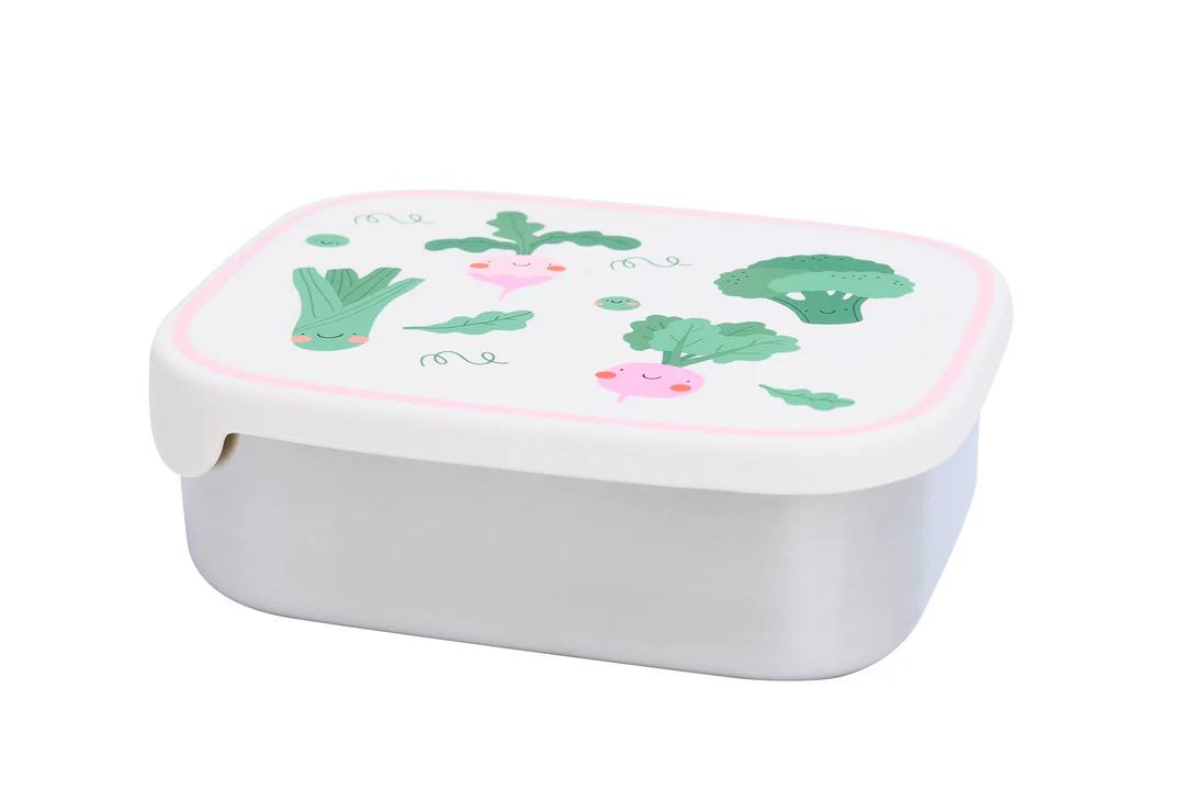 Śniadaniówka The Cotton Cloud Veggie Pals – 1000 ml, miękka pokrywka, wyjmowana przegródka, uroczy design, idealny do szkoły / przedszkola, wzór: warzywa