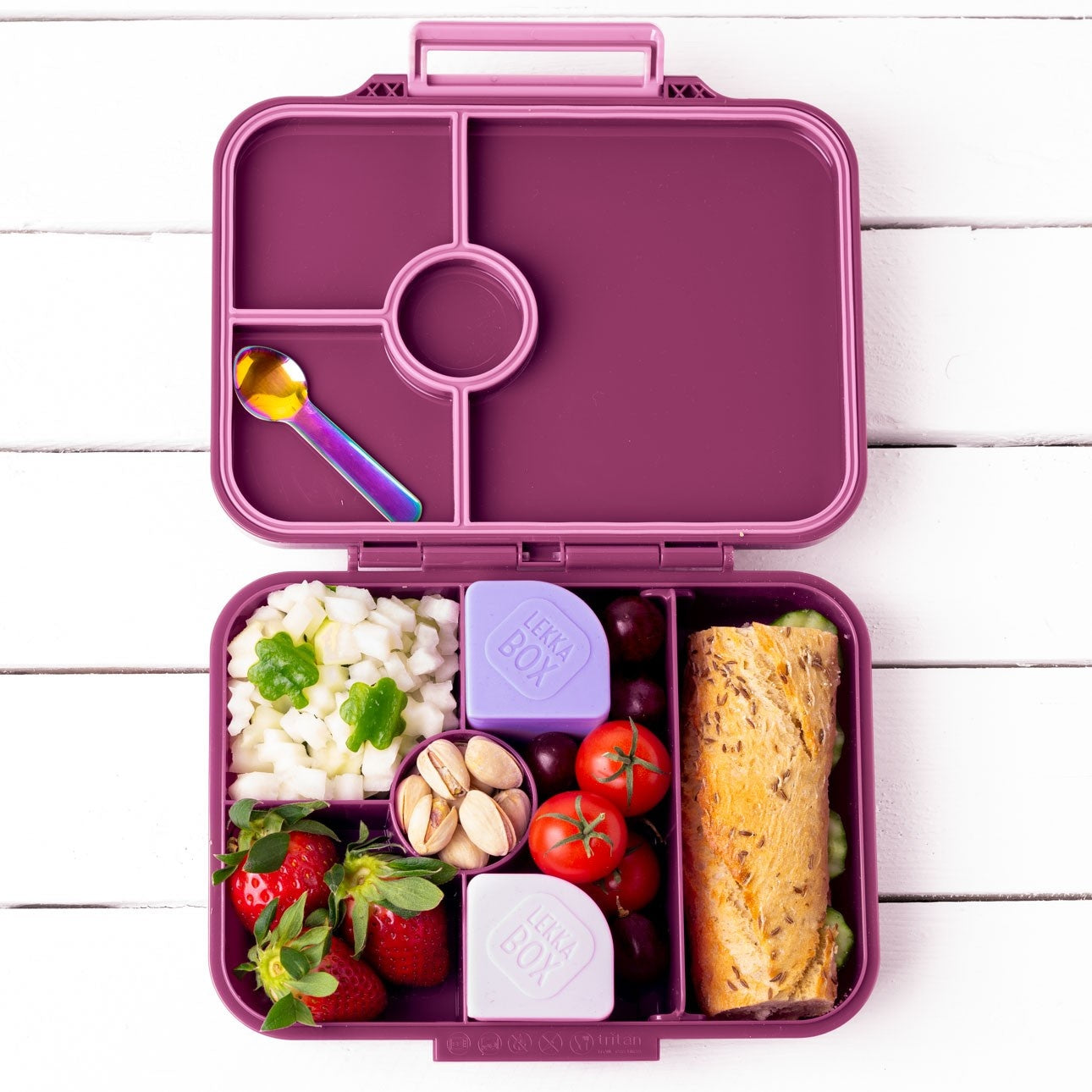 Lekkabox Classic Plum – lekka, różowa śniadaniówka z 4 przegródkami, szczelna i bez BPA, idealna do szkoły, przedszkola i pracy.