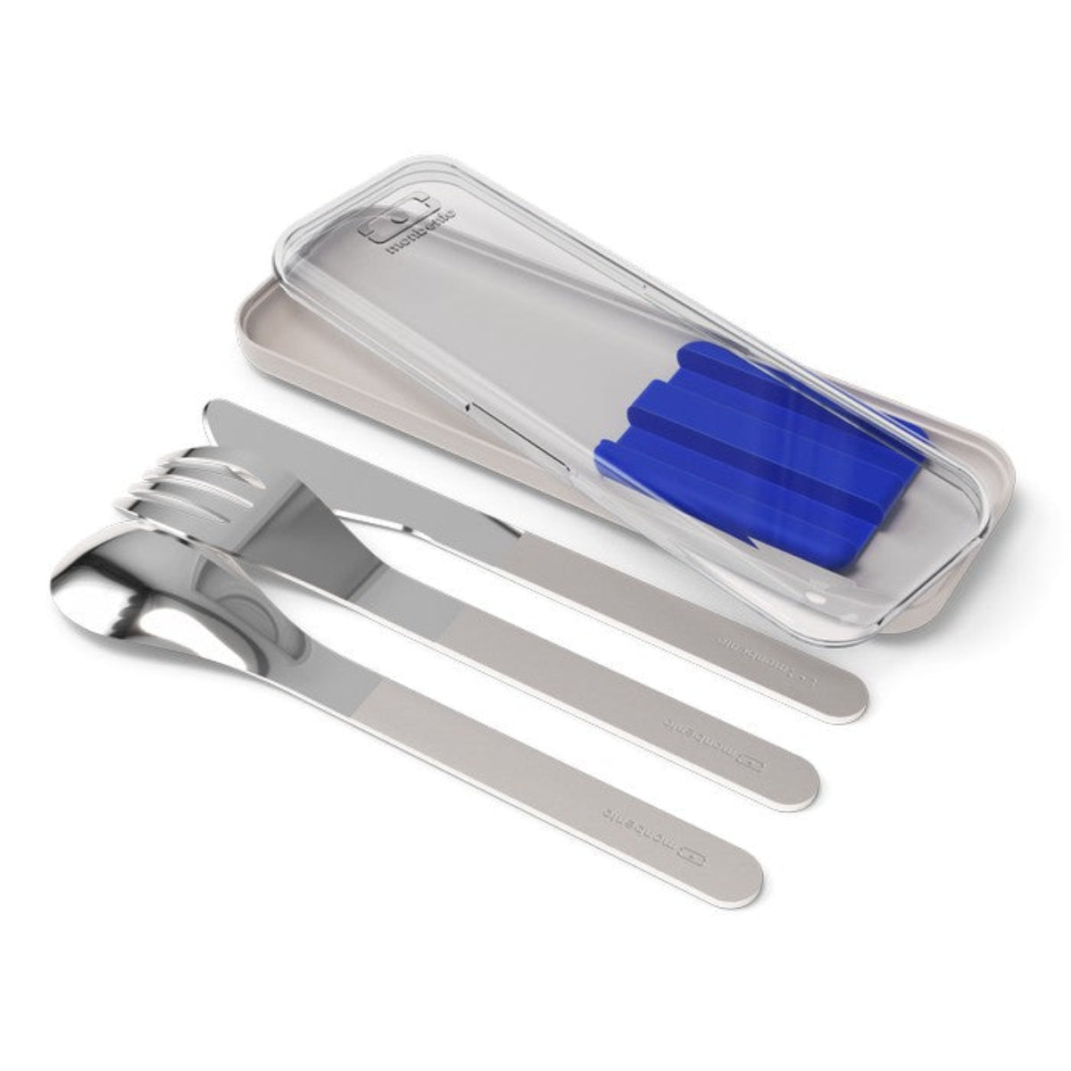 Monbento Slim Box Blue – stalowe, kompaktowe sztućce w etui, idealne do lunchboxa i podróży, kolor: niebieski