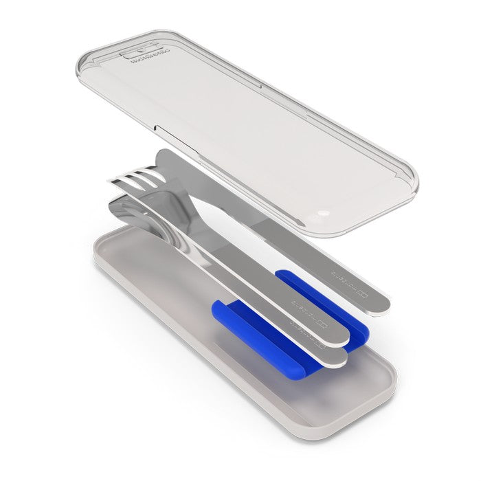 Monbento Slim Box Blue – stalowe, kompaktowe sztućce w etui, idealne do lunchboxa i podróży, kolor: niebieski