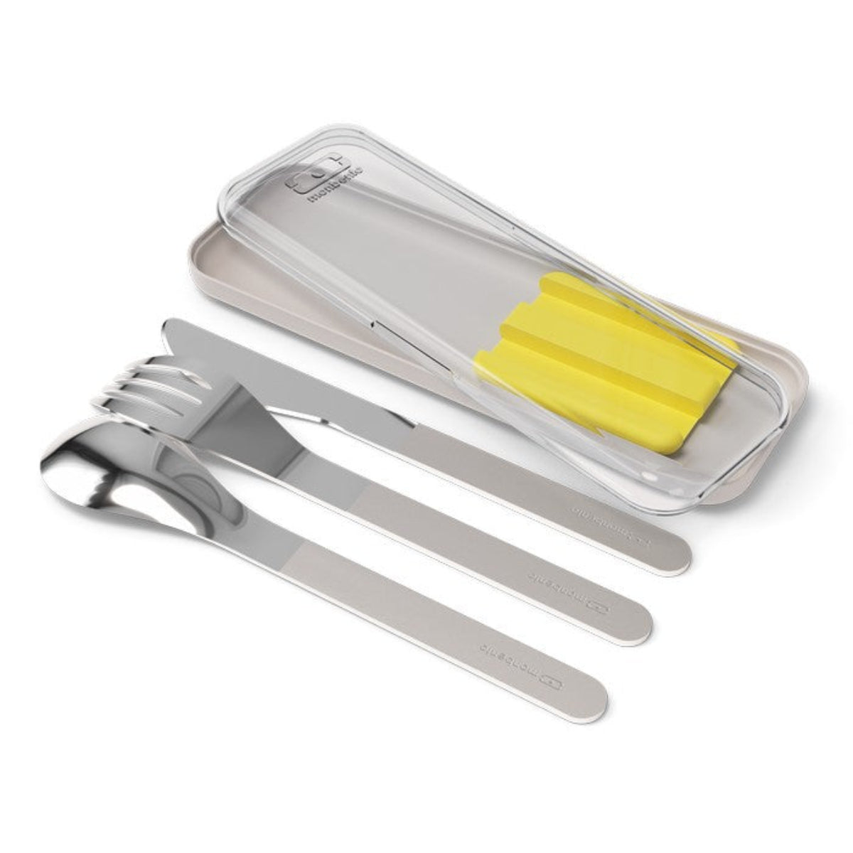 Monbento Slim Box Yellow – stalowe, kompaktowe sztućce w etui, idealne do lunchboxa i podróży, kolor: żółty