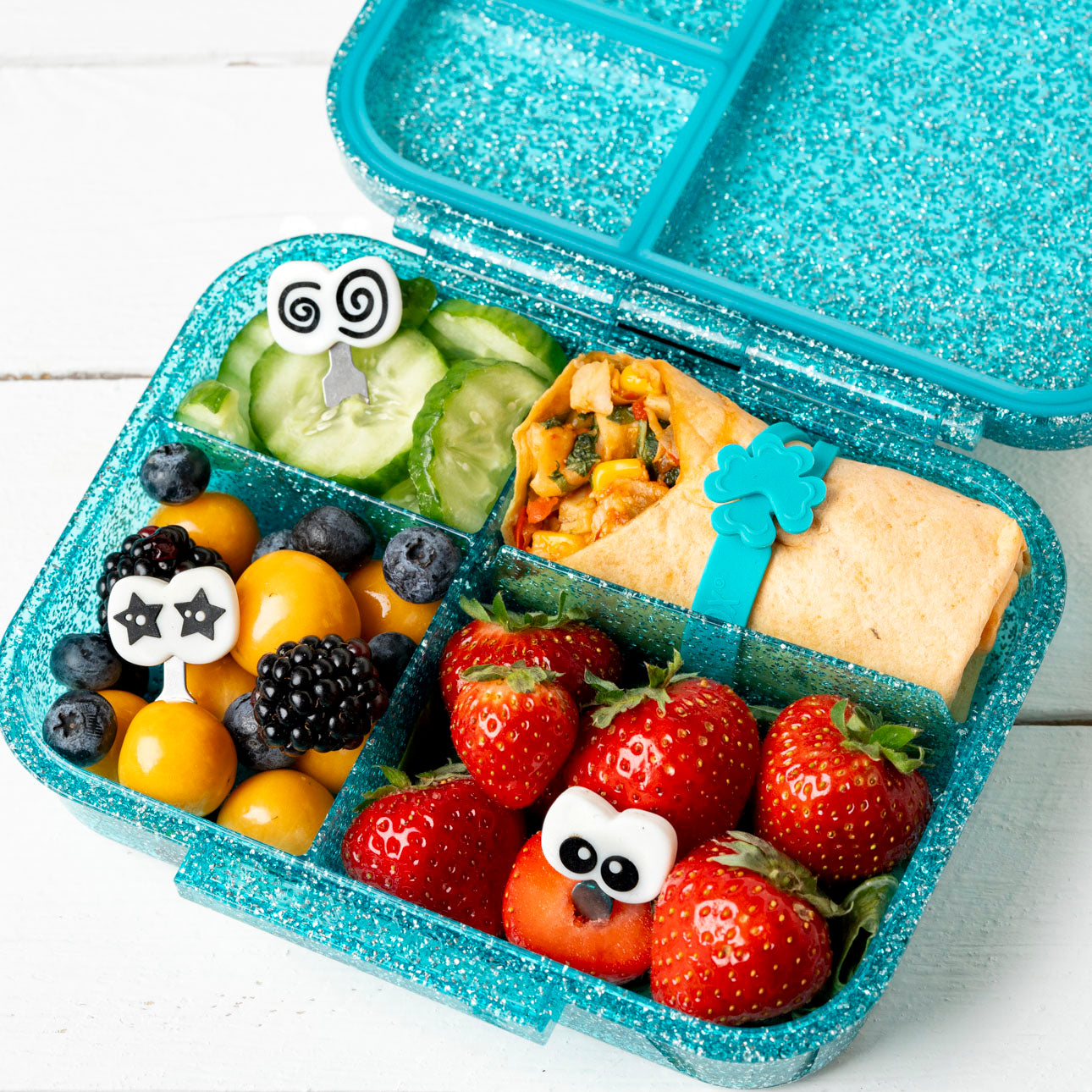 Lekkabox Cartoon Eyes – zestaw widelczyków ze stali nierdzewnej, silikonowe ozdobne końcówki, bezpieczne, wielorazowe, łatwe w czyszczeniu