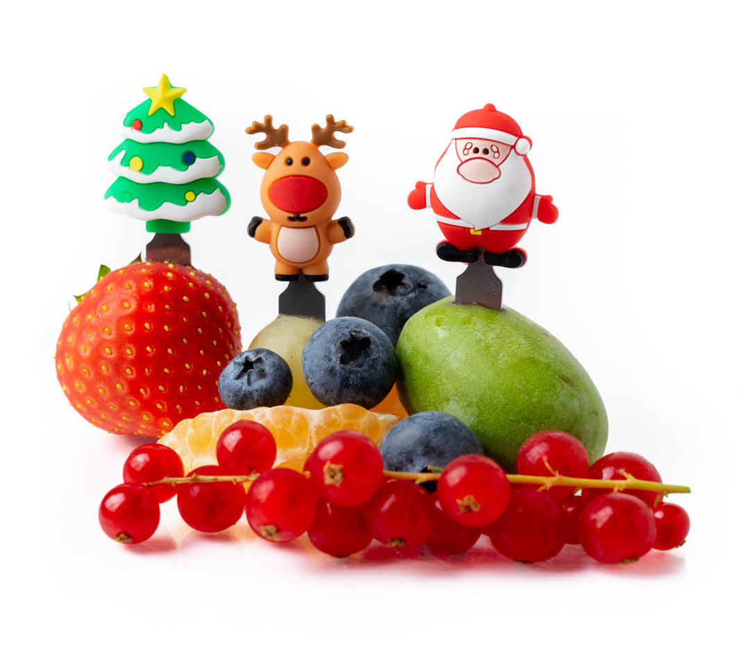 Lekkabox Christmas – zestaw widelczyków ze stali nierdzewnej, silikonowe ozdobne końcówki, bezpieczne, wielorazowe, łatwe w czyszczeniu, idealne na święta