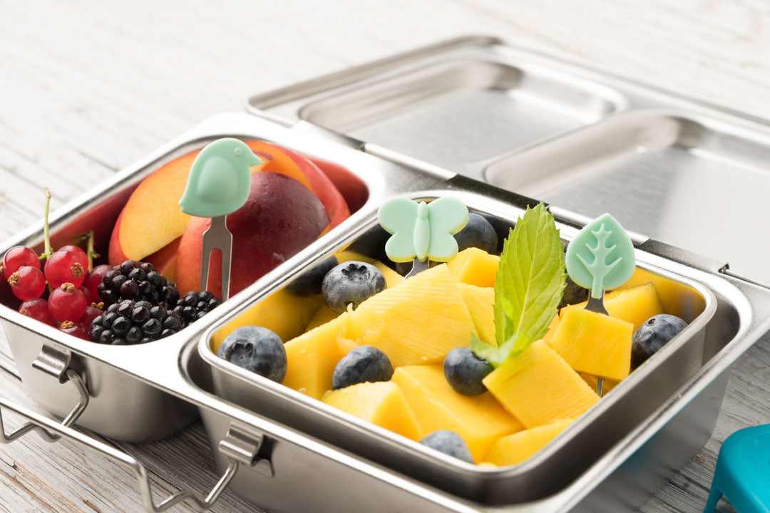 Lekkabox Garden – zestaw widelczyków ze stali nierdzewnej, silikonowe ozdobne końcówki, bezpieczne, wielorazowe, łatwe w czyszczeniu