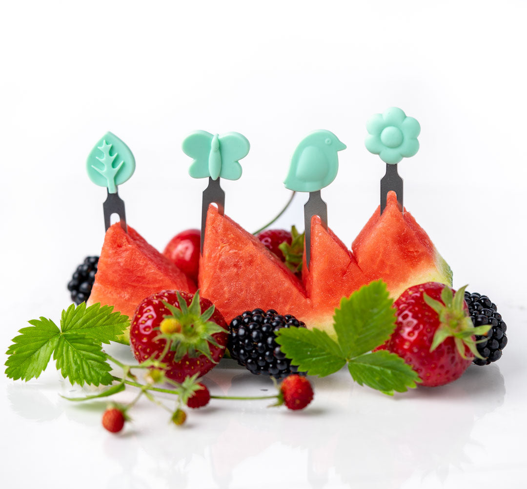 Lekkabox Garden – zestaw widelczyków ze stali nierdzewnej, silikonowe ozdobne końcówki, bezpieczne, wielorazowe, łatwe w czyszczeniu