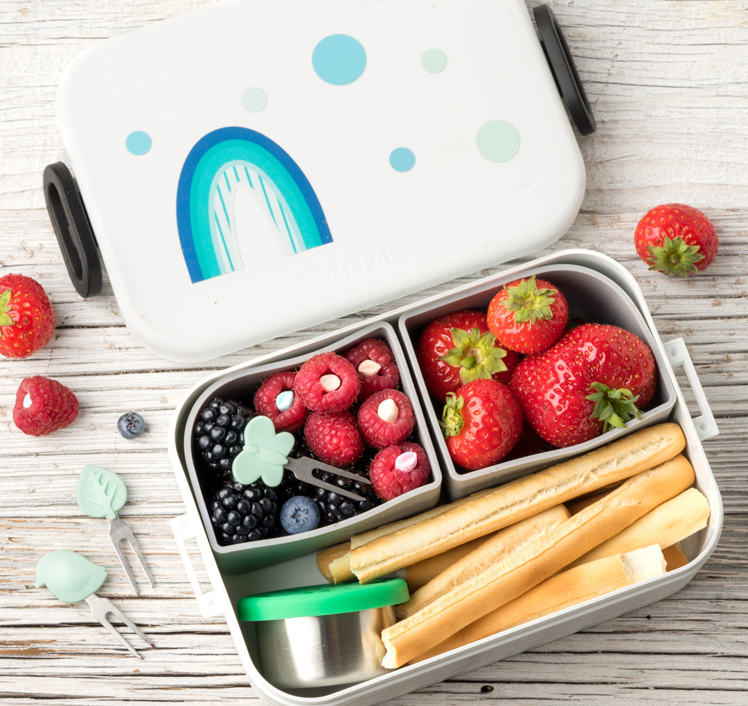 Lekkabox Garden – zestaw widelczyków ze stali nierdzewnej, silikonowe ozdobne końcówki, bezpieczne, wielorazowe, łatwe w czyszczeniu