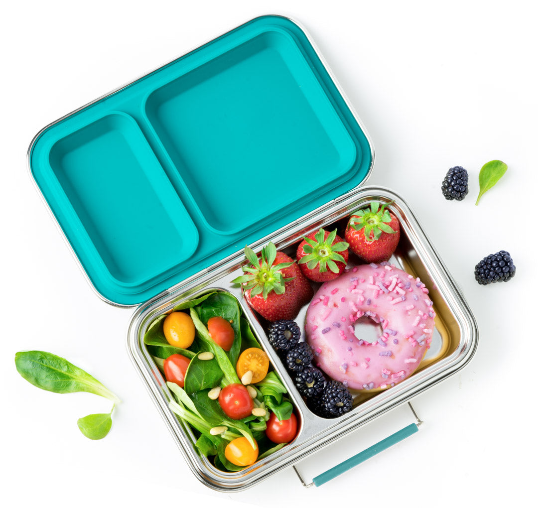 LEKKABOX® Duo Petrol – niebieski lunchbox 750 ml z 2 szczelnymi komorami, stal nierdzewna, kompatybilny z foremkami bento, łatwy w czyszczeniu,