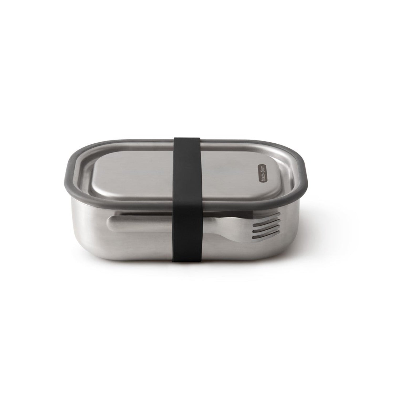 Lunchbox Black+Blum Steel L czarny – szczelny pojemnik z separatorem, widelcem i silikonową opaską. Elegancki, praktyczny i trwały
