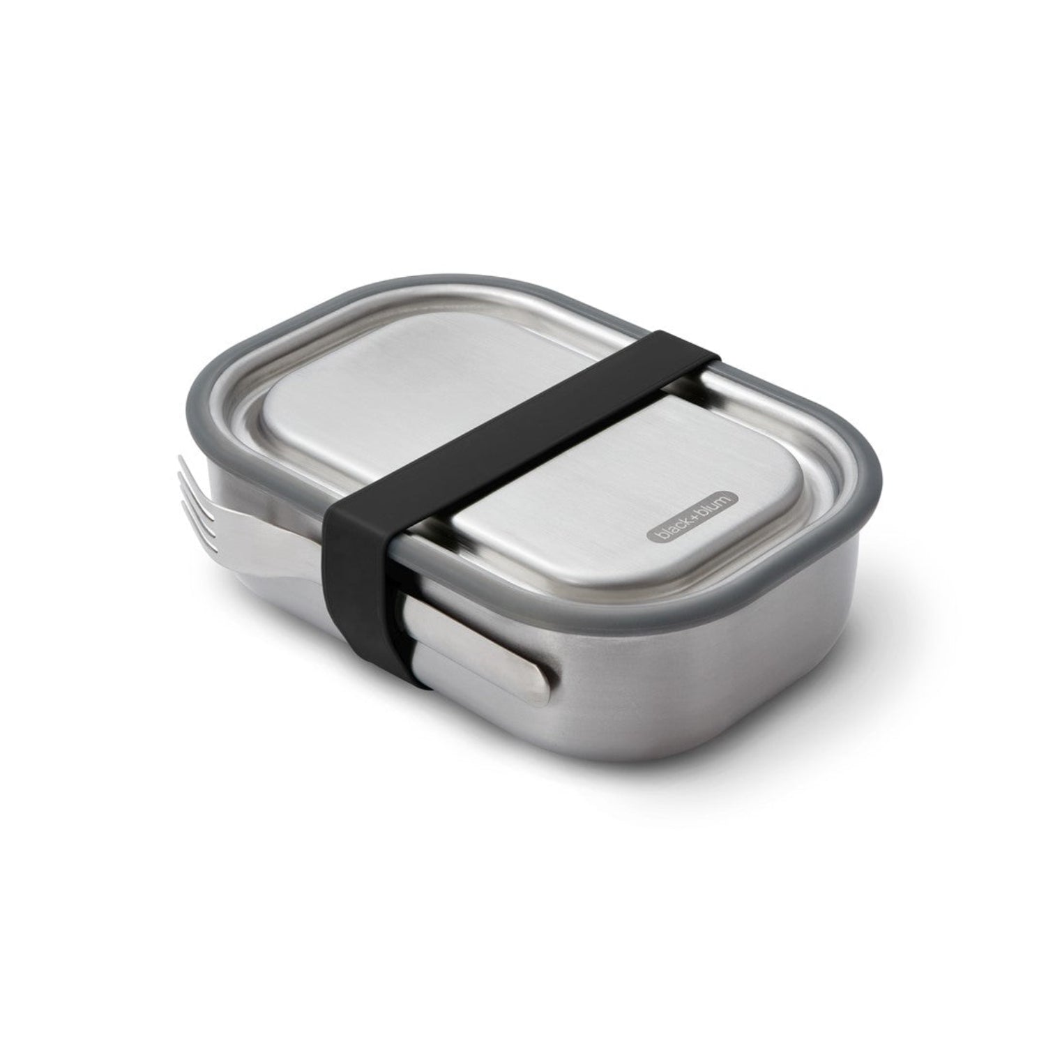 Lunchbox Black+Blum Steel L czarny – szczelny pojemnik z separatorem, widelcem i silikonową opaską. Elegancki, praktyczny i trwały