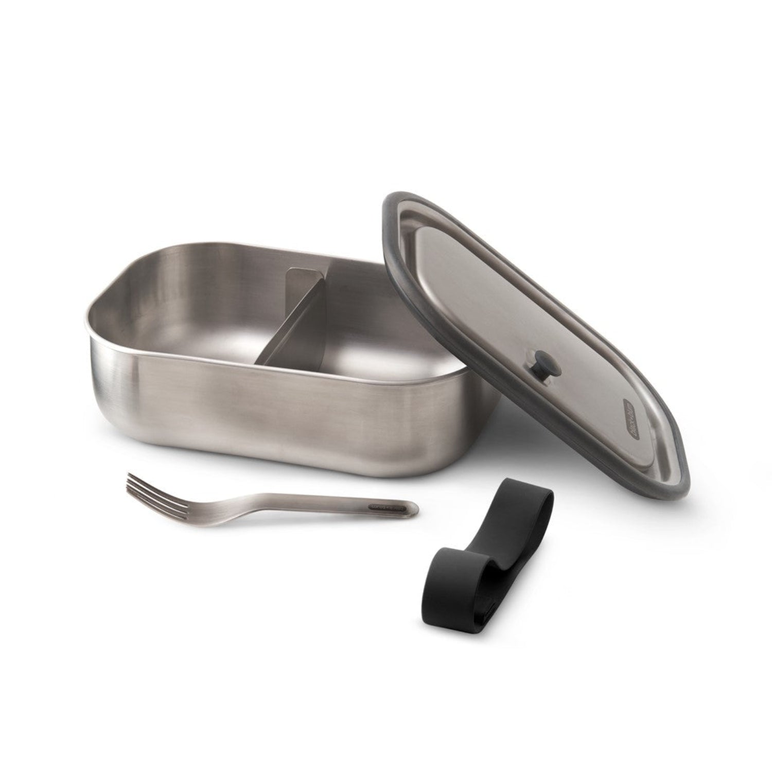 Lunchbox Black+Blum Steel L czarny – szczelny pojemnik z separatorem, widelcem i silikonową opaską. Elegancki, praktyczny i trwały