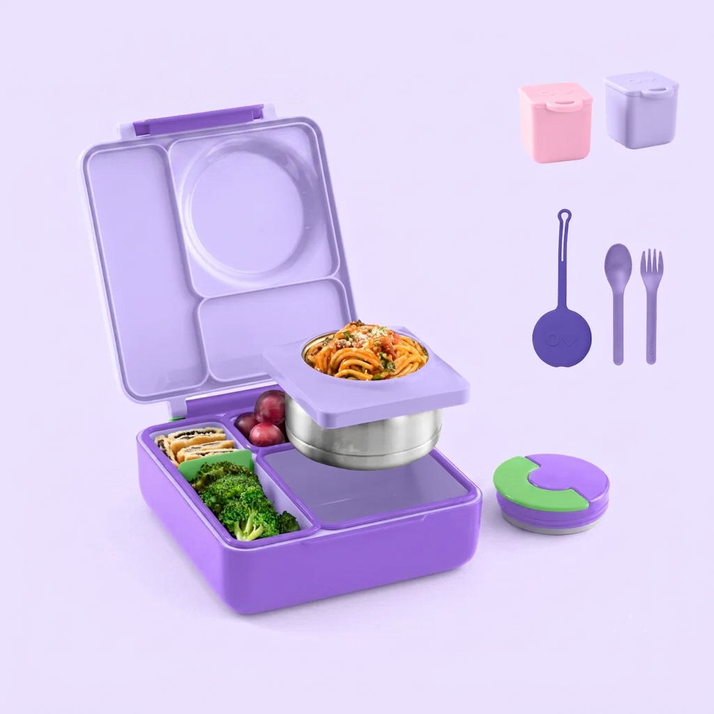 OmieBox Starter Set Lilac Purple – bento box dla dzieci z silikonowym etui na sztućce
