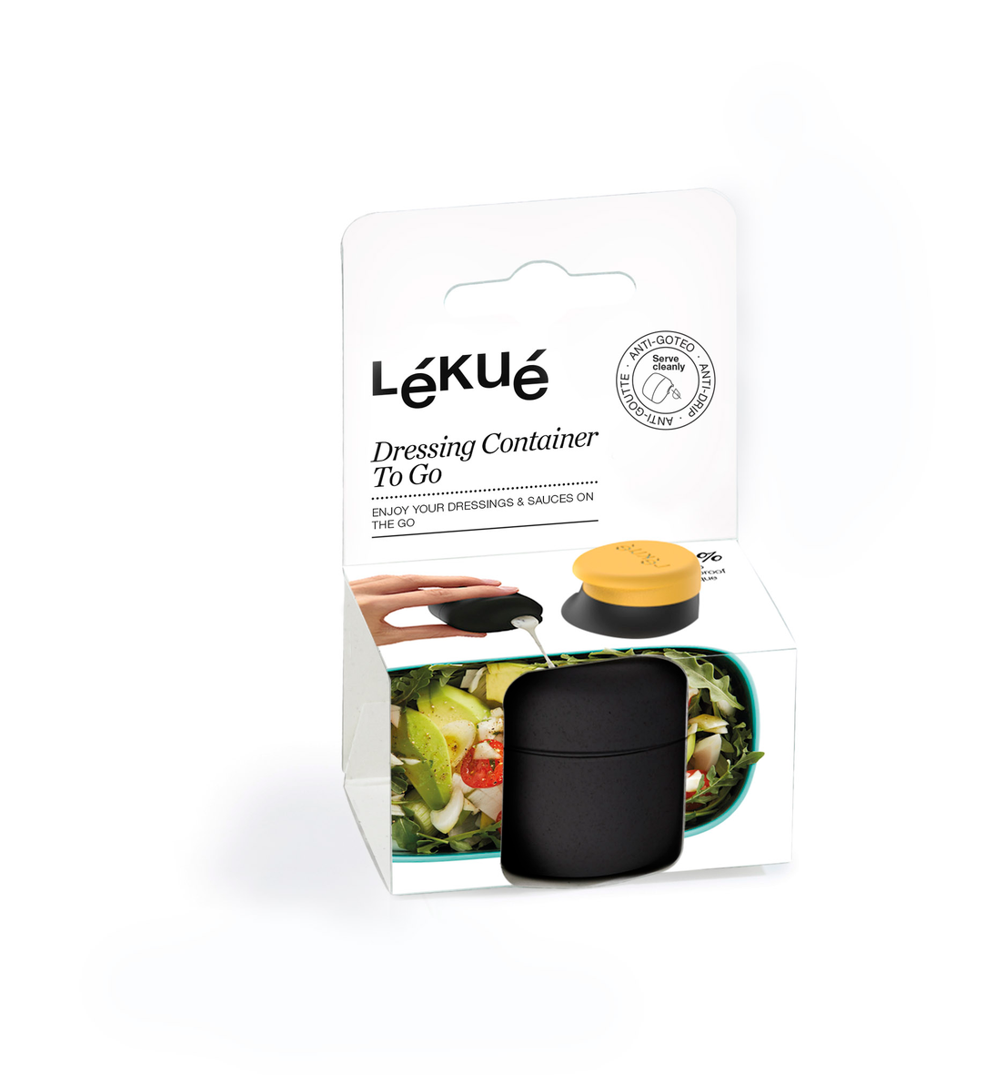 Lekue To Go – szczelny pojemnik na sos 50 ml z dziobkiem do nalewania. Idealny do pracy, szkoły i podróży. Bez BPA, do mikrofalówki i zmywarki