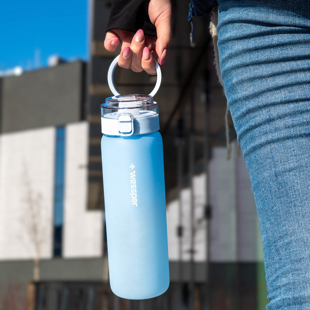 Wessper ActiveMax Glass 680 ml Blue – szklana butelka filtrująca, filtr węglowy, szkło borokrzemowe, ekologiczna, stylowa, bez BPA, kolor: niebieska