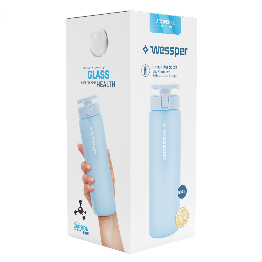 Wessper ActiveMax Glass 680 ml Blue – szklana butelka filtrująca, filtr węglowy, szkło borokrzemowe, ekologiczna, stylowa, bez BPA, kolor: niebieska