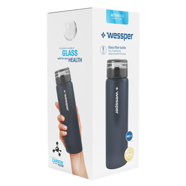 Wessper ActiveMax Glass 680 ml Grey– szklana butelka filtrująca, filtr węglowy, szkło borokrzemowe, ekologiczna, stylowa, bez BPA, kolor: szara