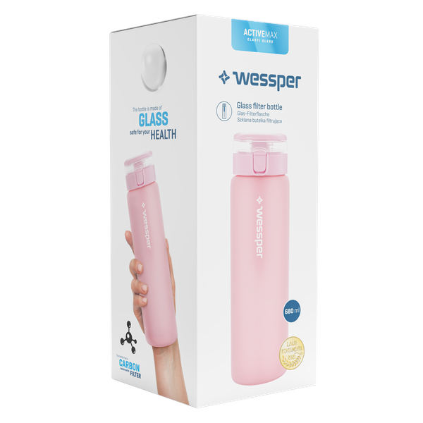 Wessper ActiveMax Glass 680 ml Pink – szklana butelka filtrująca, filtr węglowy, szkło borokrzemowe, ekologiczna, stylowa, bez BPA, kolor: różowa