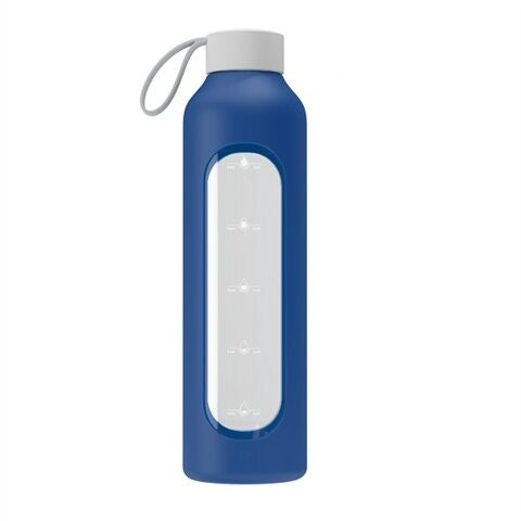 Wessper Borosilicate Blue – niebieska, szklana butelka motywacyjna 1 l. Szkło borokrzemowe, silikonowe etui, szczelna zakrętka, miarka godzinowa, do zimnych i gorących napojów.