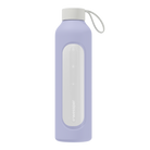 Wessper Borosilicate Lavender– fioletowa, szklana butelka motywacyjna 1 l. Szkło borokrzemowe, silikonowe etui, szczelna zakrętka, miarka godzinowa, bez BPA, do zimnych i gorących napojów.