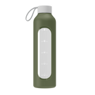 Wessper Borosilicate Olive – zielona, szklana butelka motywacyjna 1 l. Szkło borokrzemowe, silikonowe etui, szczelna zakrętka, miarka godzinowa, bez BPA, do zimnych i gorących napojów.