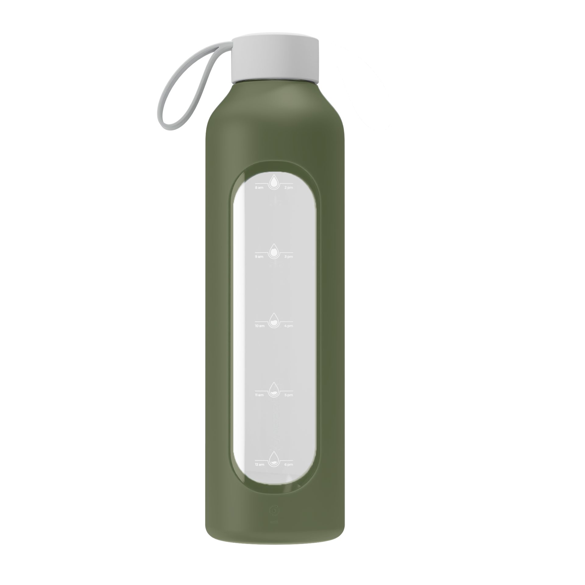 Wessper Borosilicate Olive – zielona, szklana butelka motywacyjna 1 l. Szkło borokrzemowe, silikonowe etui, szczelna zakrętka, miarka godzinowa, bez BPA, do zimnych i gorących napojów.
