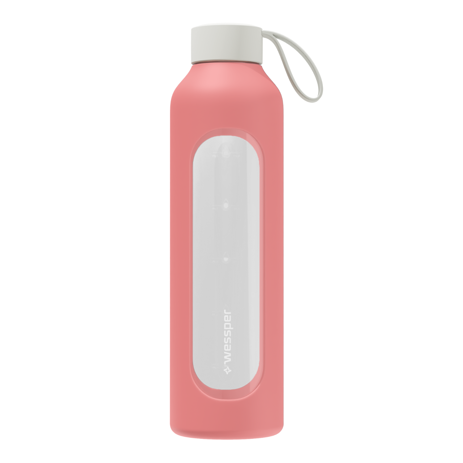 Wessper Borosilicate Pink – różowa, szklana butelka motywacyjna 1 l. Szkło borokrzemowe, silikonowe etui, szczelna zakrętka, miarka godzinowa, bez BPA, do zimnych i gorących napojów.
