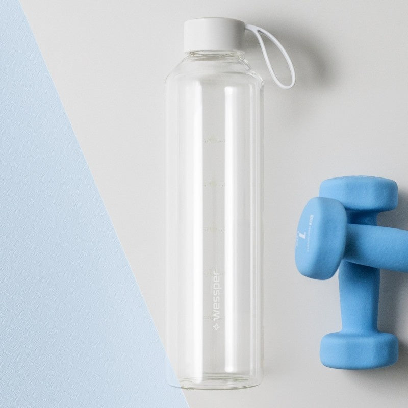Wessper B1 Borosilicate szklana butelka motywacyjna – 1 litr,  szkło borokrzemowe, szczelna, miarka godzinowa, do zimnych i gorących napojów.