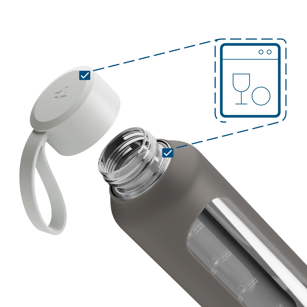 Wessper Borosilicate Cool Grey – szara, szklana butelka motywacyjna 500 ml. Szkło borokrzemowe, silikonowe etui, szczelna zakrętka, miarka godzinowa, bez BPA, do zimnych i gorących napojów.