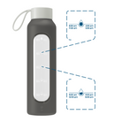 Wessper Borosilicate Cool Grey – szara, szklana butelka motywacyjna 500 ml. Szkło borokrzemowe, silikonowe etui, szczelna zakrętka, miarka godzinowa, bez BPA, do zimnych i gorących napojów.