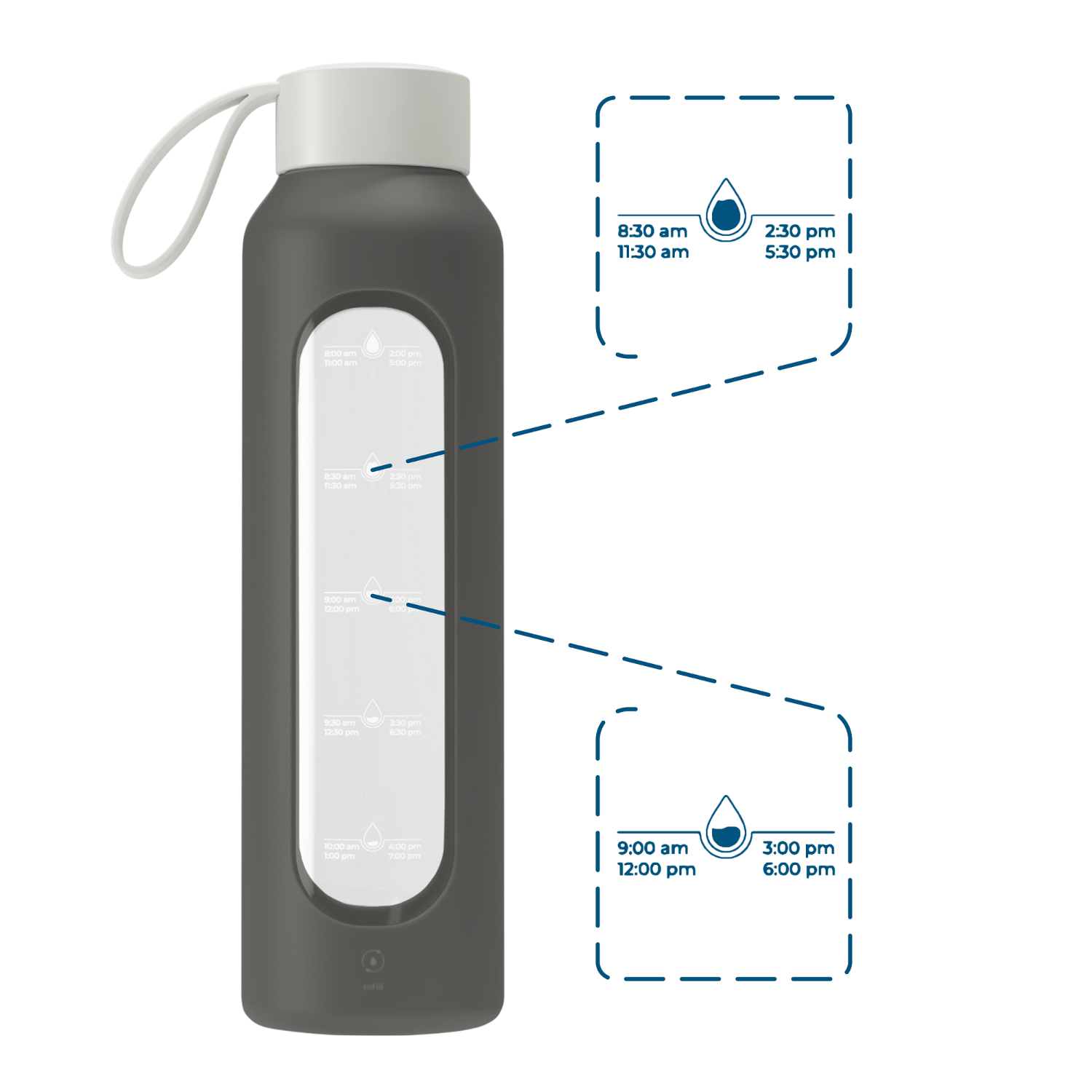 Wessper Borosilicate Cool Grey – szara, szklana butelka motywacyjna 500 ml. Szkło borokrzemowe, silikonowe etui, szczelna zakrętka, miarka godzinowa, bez BPA, do zimnych i gorących napojów.