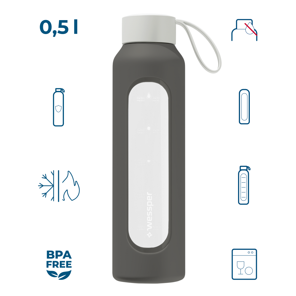 Wessper Borosilicate Cool Grey – szara, szklana butelka motywacyjna 500 ml. Szkło borokrzemowe, silikonowe etui, szczelna zakrętka, miarka godzinowa, bez BPA, do zimnych i gorących napojów.