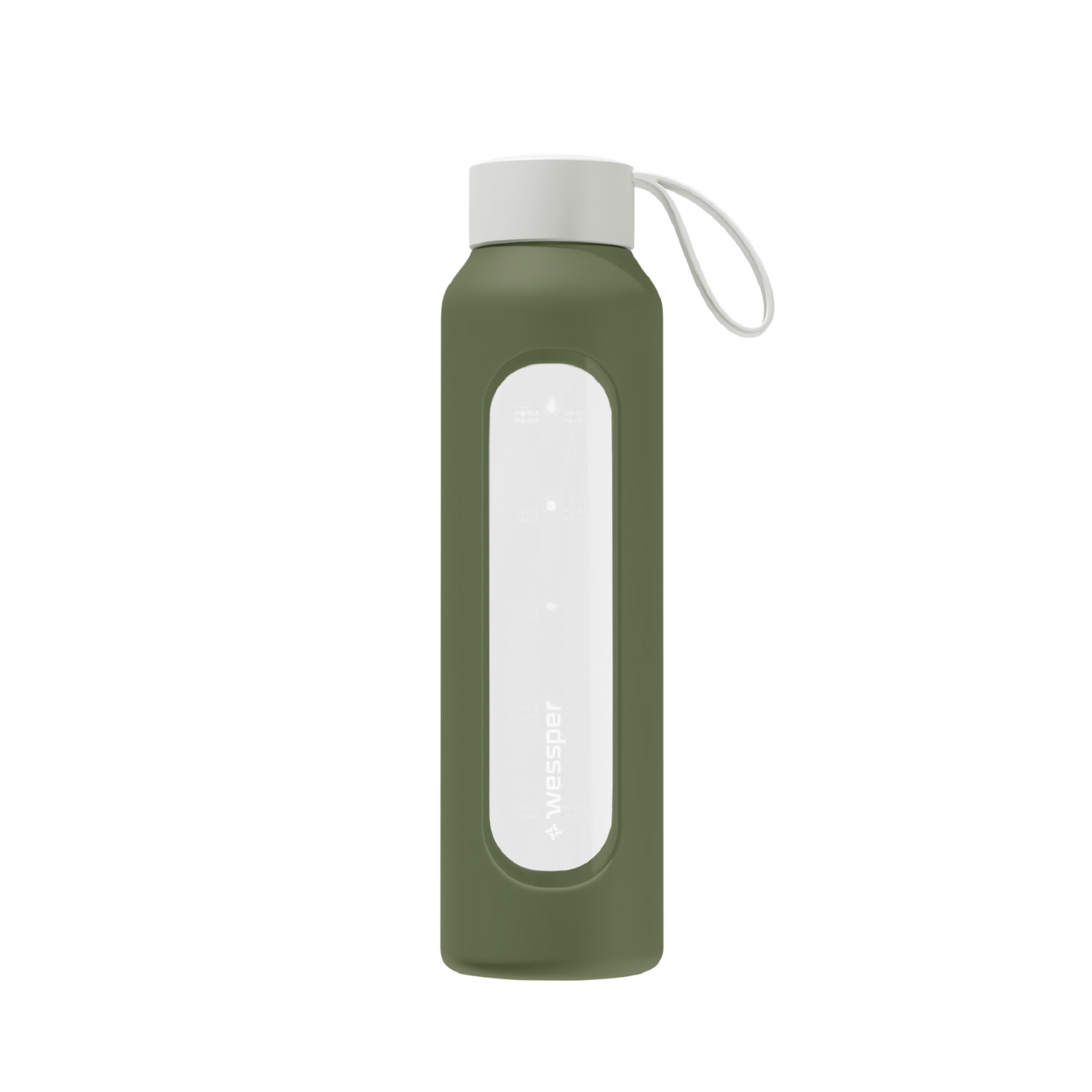 Wessper Borosilicate Olive – zielona, szklana butelka motywacyjna 500 ml. Szkło borokrzemowe, silikonowe etui, szczelna zakrętka, miarka godzinowa, bez BPA, do zimnych i gorących napojów.