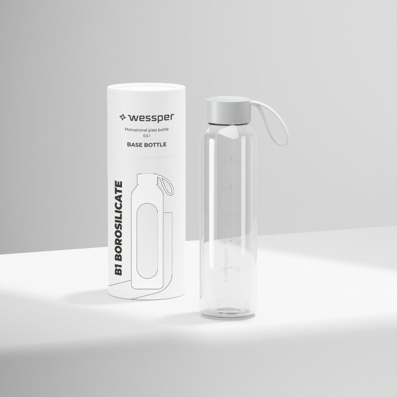Wessper B1 Borosilicate szklana butelka motywacyjna – szkło borokrzemowe, szczelna, BPA free, miarka godzinowa, do zimnych i gorących napojów.
