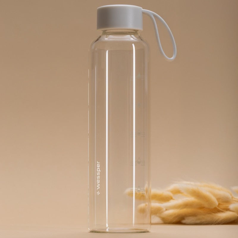 Wessper B1 Borosilicate szklana butelka motywacyjna – szkło borokrzemowe, szczelna, BPA free, miarka godzinowa, do zimnych i gorących napojów.