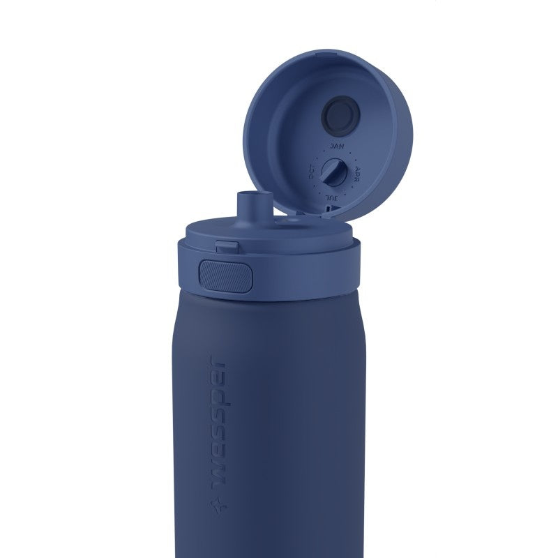 Wessper B2 GLASS Actitex™ 700 ml – szklana butelka filtrująca, redukuje chlor, szczelna, z licznikiem filtra, niebieska