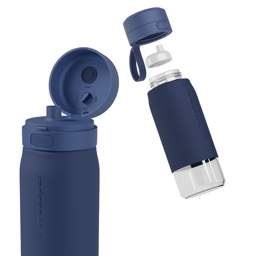 Wessper Actitex™ Glass 500 ml Blue – szklana butelka filtrująca ze szkła borokrzemowego, filtr Actitex™, bez BPA, ekologiczna i szczelna, kolor: niebieska