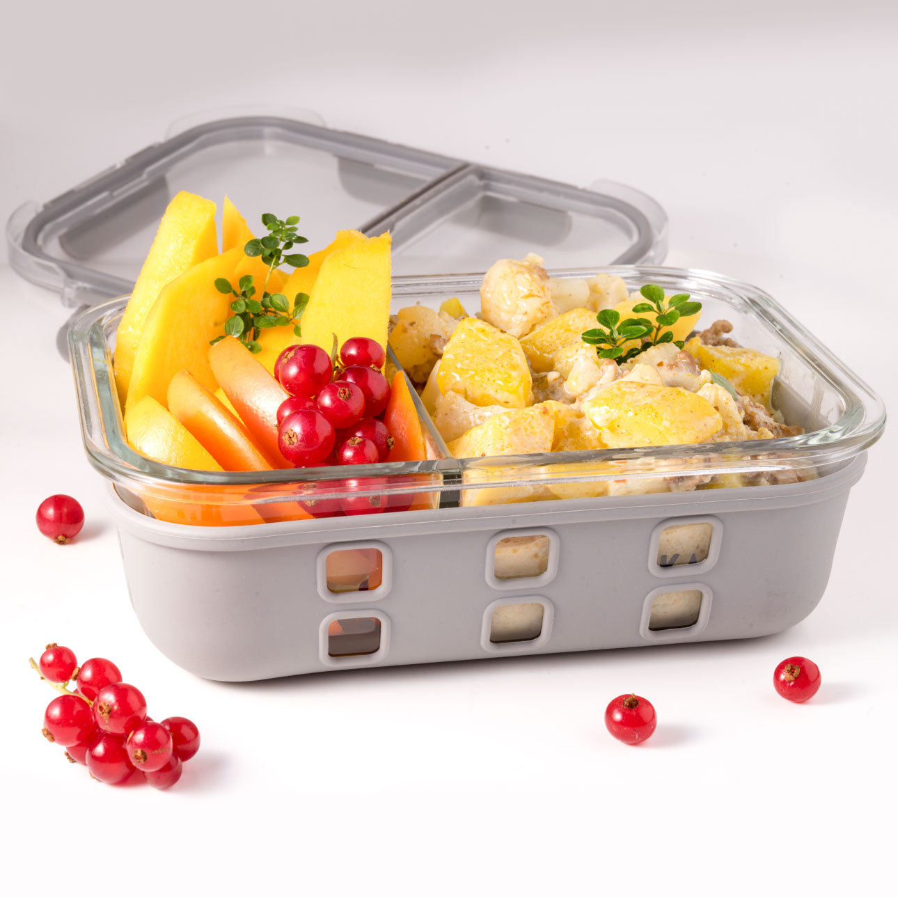 LEKKABOX Prep – szklany lunchbox z 2 przegródkami, szczelna pokrywka z klipsami, silikonowa uszczelka, odporny na mikrofalę i zmywarkę