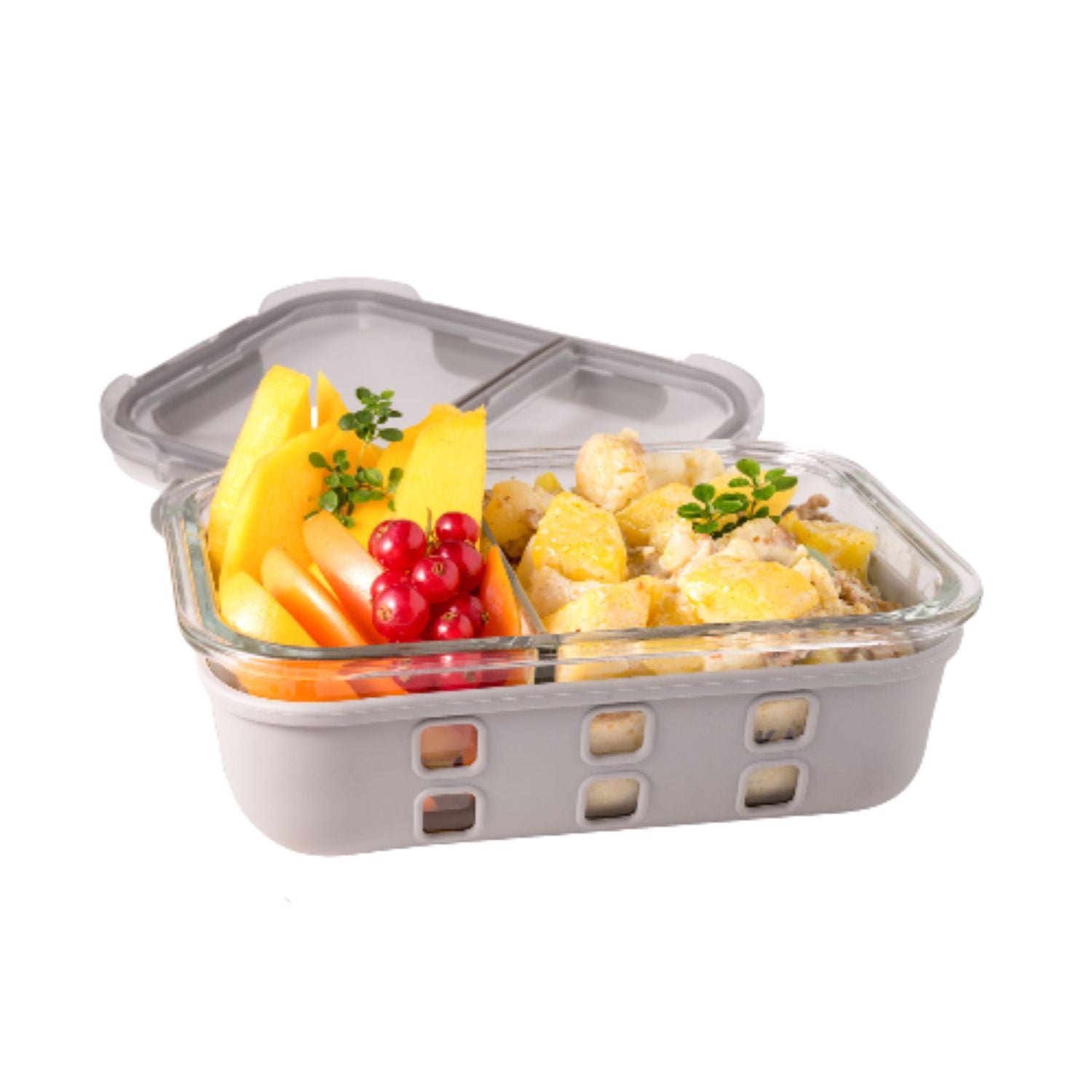 LEKKABOX Prep – szklany lunchbox z 2 przegródkami, szczelna pokrywka z klipsami, silikonowa uszczelka, odporny na mikrofalę i zmywarkę