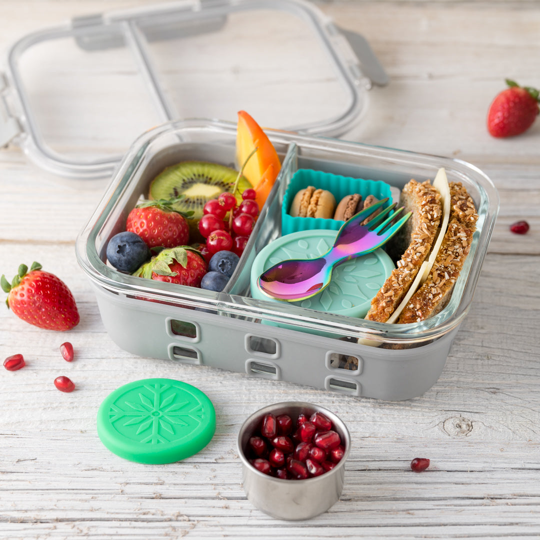 LEKKABOX Prep – szklany lunchbox z 2 przegródkami, szczelna pokrywka z klipsami, silikonowa uszczelka, odporny na mikrofalę i zmywarkę
