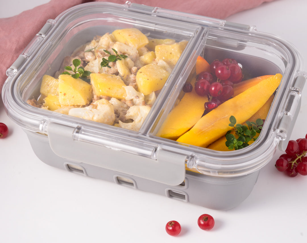 LEKKABOX Prep – szklany lunchbox z 2 przegródkami, szczelna pokrywka z klipsami, silikonowa uszczelka, odporny na mikrofalę i zmywarkę