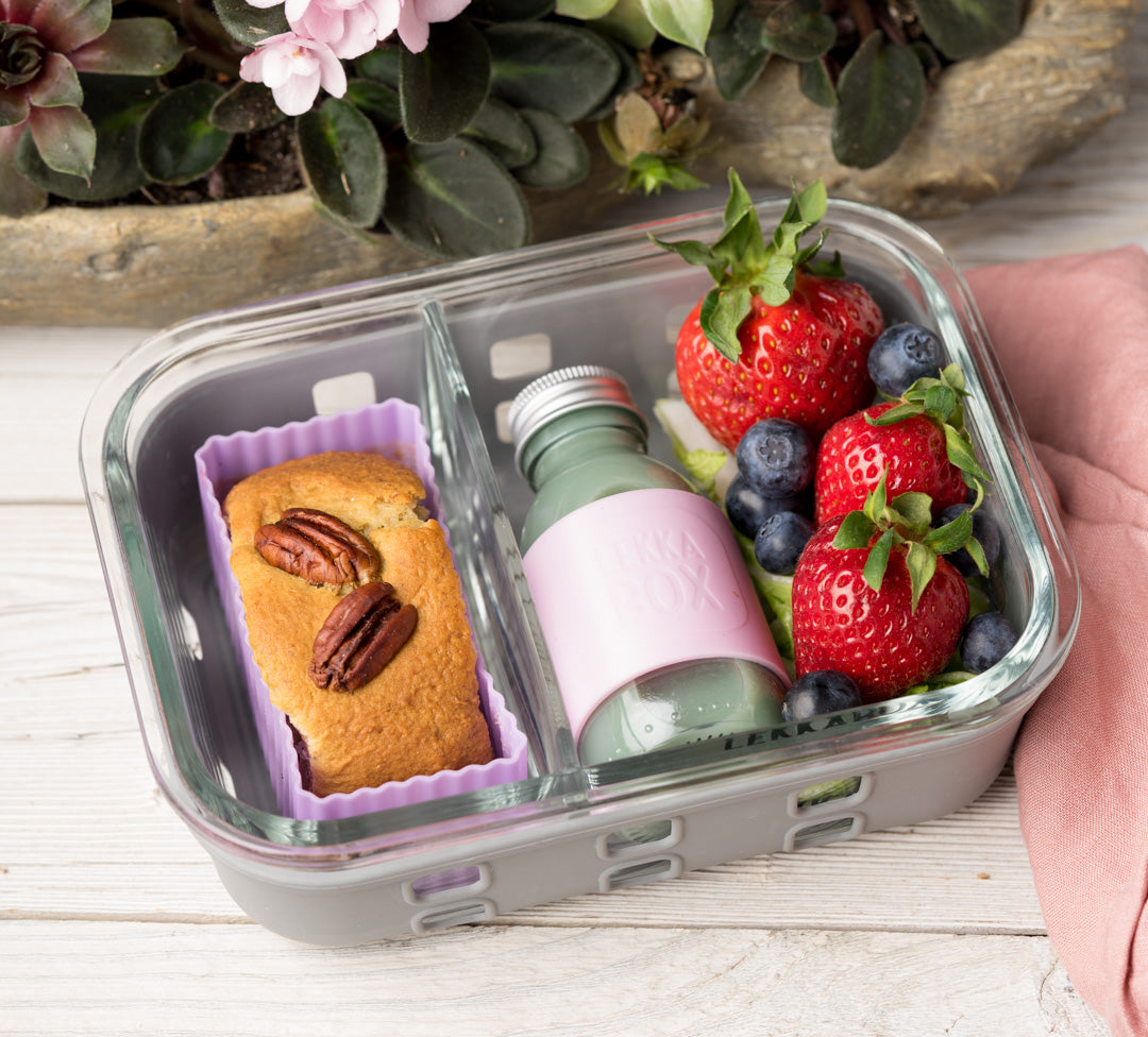 LEKKABOX Prep – szklany lunchbox z 2 przegródkami, szczelna pokrywka z klipsami, silikonowa uszczelka, odporny na mikrofalę i zmywarkę