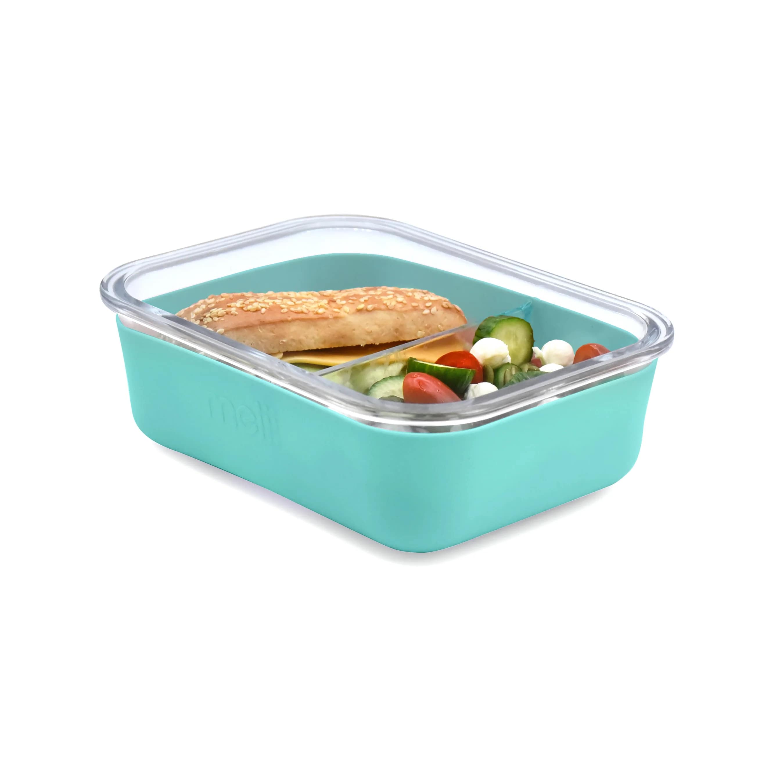 Szklany lunchbox z silikonową osłonką Melii - wytrzymały, 100% szczelny, z przegródką, bezpieczny dla zdrowia, wykonany ze szkła borokrzemowego, idealny do pracy i szkoły, kolor: niebieski