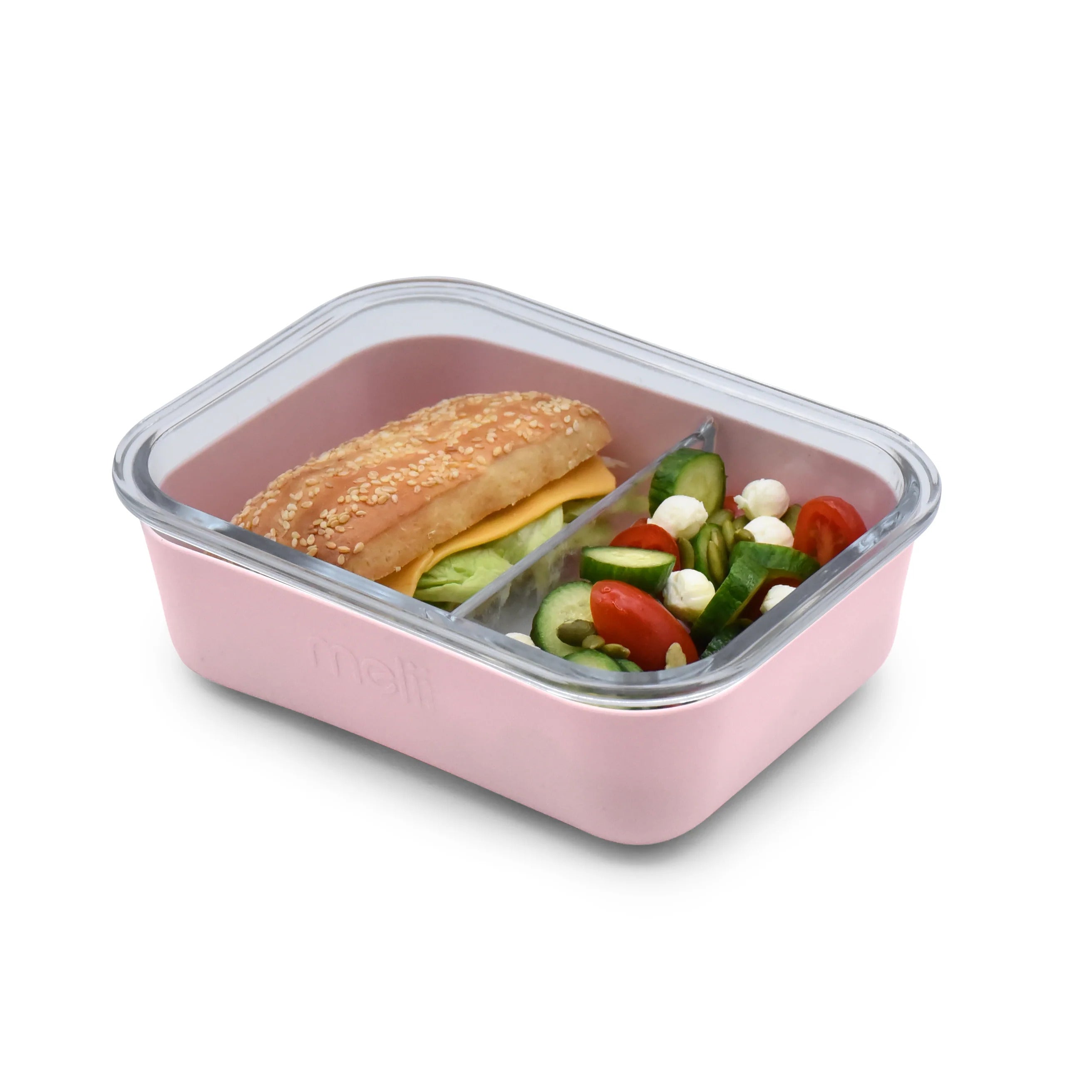 Szklany lunchbox z silikonową osłonką Melii - wytrzymały, 100% szczelny, z przegródką, bezpieczny dla zdrowia, wykonany ze szkła borokrzemowego, idealny do pracy i szkoły, kolor: różowy