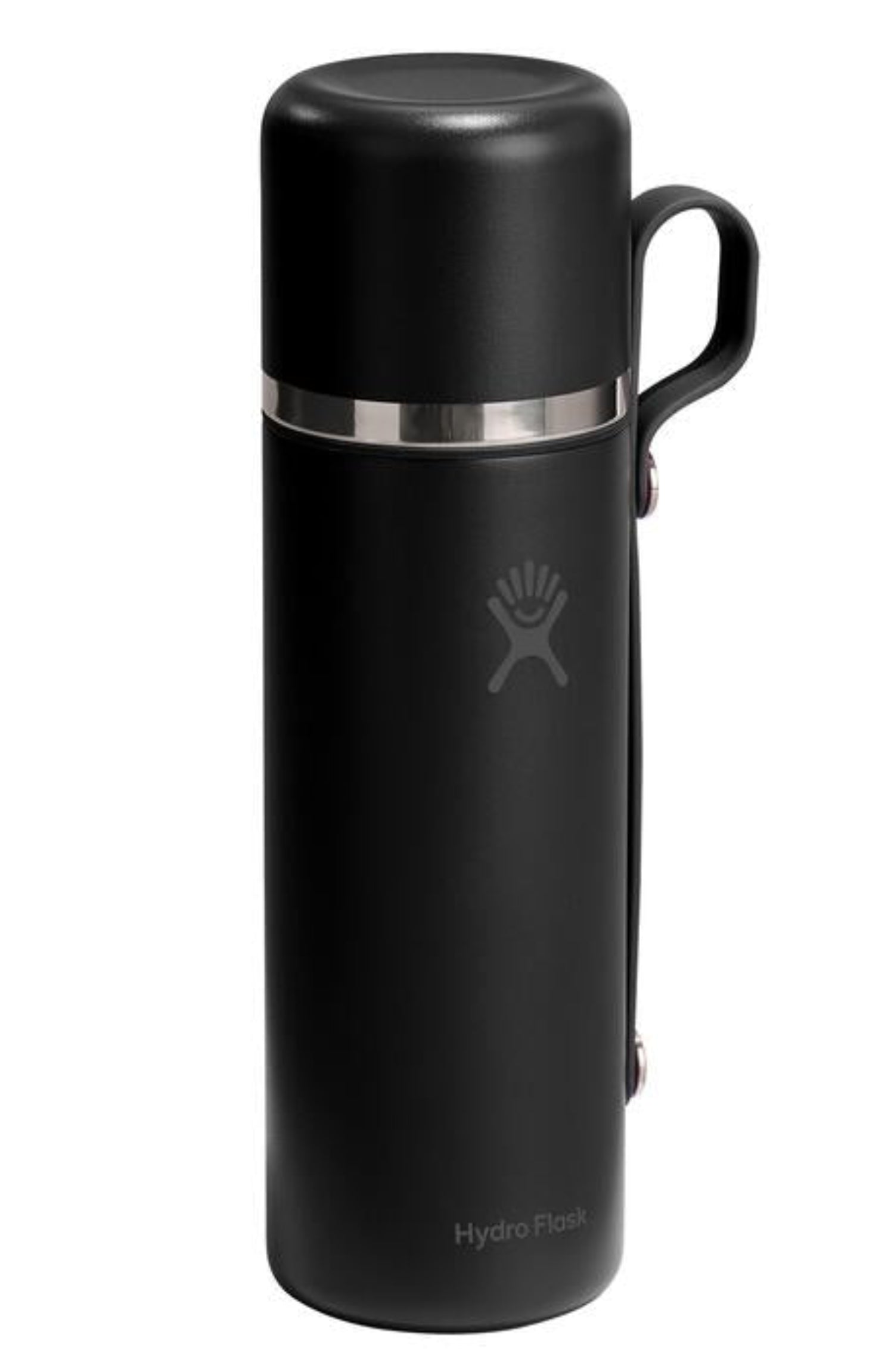 Czarny duży termos turystyczny Hydro Flask 830 ml z nakrętką jako kubek