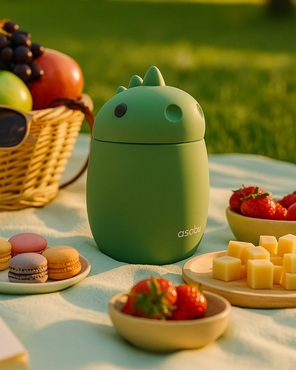 Asobu Bestie Foodie Dinosaur- termos obiadowy dla dzieci, 600 ml, stal nierdzewna, ergonomiczny kształt, odporny na zarysowania, zabawny kształt dinozaura, kolor: zielony