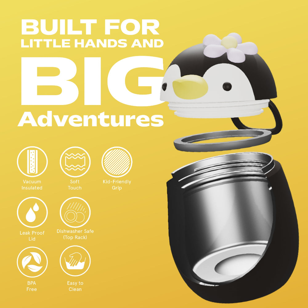 Asobu Bestie Foodie Penguin - termos obiadowy dla dzieci, 300 ml, stal nierdzewna, ergonomiczny kształt, odporny na zarysowania, zabawny kształt pingwina, kolor: biało-czarny