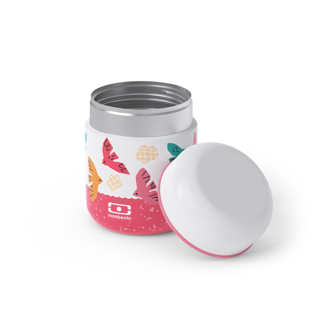 Monbento Capsule Birds – termos dla dzieci 280 ml. Utrzymuje ciepło do 5 h, 100% szczelny i lekki. Idealny na zupę, owsiankę czy makaron w podróży, wzór: ptaszki