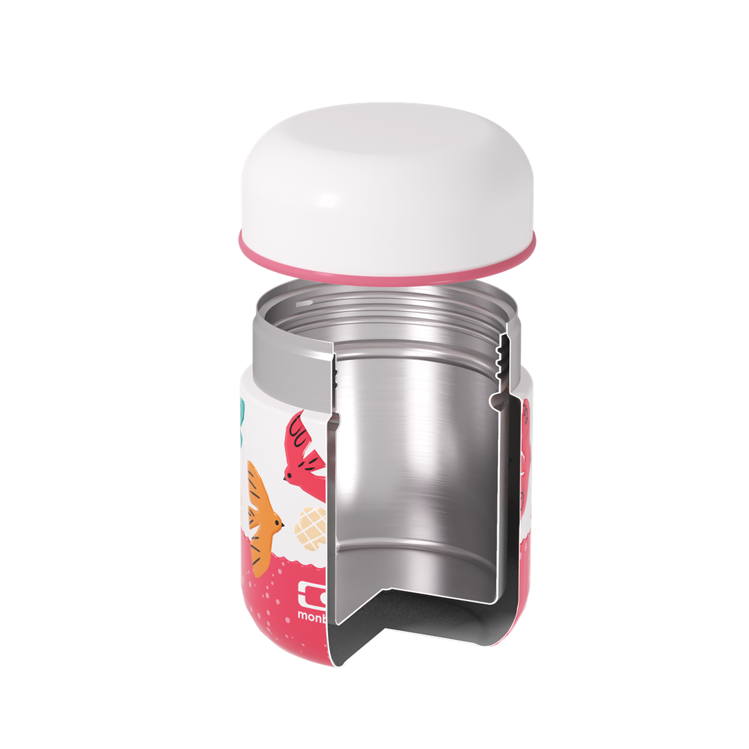 Monbento Capsule Birds – termos dla dzieci 280 ml. Utrzymuje ciepło do 5 h, 100% szczelny i lekki. Idealny na zupę, owsiankę czy makaron w podróży, wzór: ptaszki