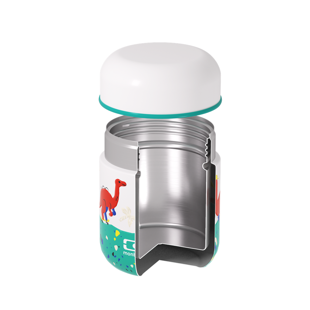 Monbento Capsule Dino – termos dla dzieci 280 ml. Utrzymuje ciepło do 5 h, 100% szczelny i lekki. Idealny na zupę, owsiankę czy makaron w podróży, wzór: dinozaury