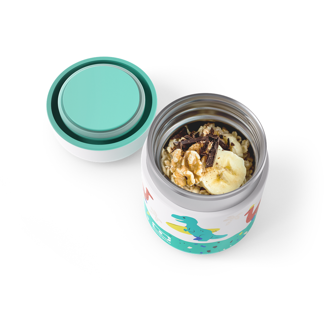 Monbento Capsule Dino – termos dla dzieci 280 ml. Utrzymuje ciepło do 5 h, 100% szczelny i lekki. Idealny na zupę, owsiankę czy makaron w podróży, wzór: dinozaury